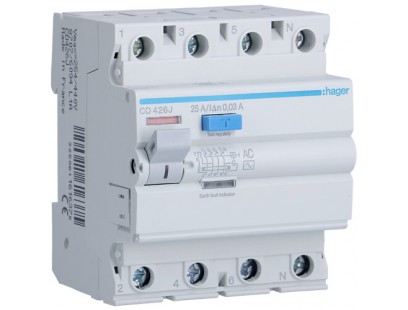 Srovės nuotekio relė Hager CD426J (AC, 25A, 4P, 30mA, 230V)