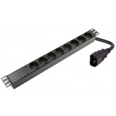 Maitinimo panelė spintai 19" (8x220V Schuko, įeinanti jungtis C14, plastikinis korpusas, 2m kabelis)