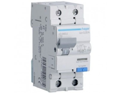 Srovės nuotėkio relė su automatiniu jungikliu Hager AD960J (2P, 10A, A tipo, 30mA, 230V)