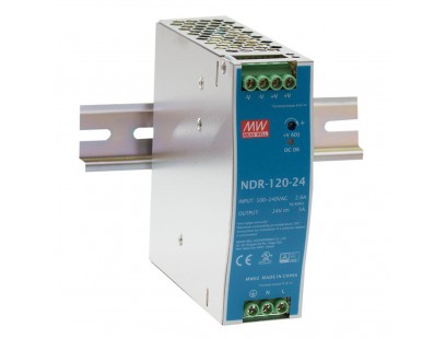 Impulsinis maitinimo šaltinis 24V 120W 5A, tvirtinamas ant DIN bėgio, MEAN WELL, NDR-120-24